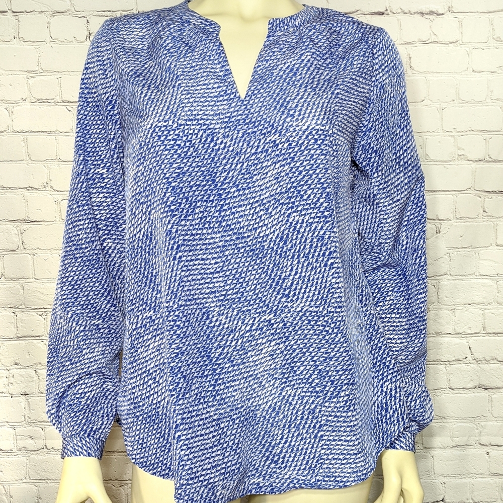Dalia Blue White Long Sleeve Blouse V Neck